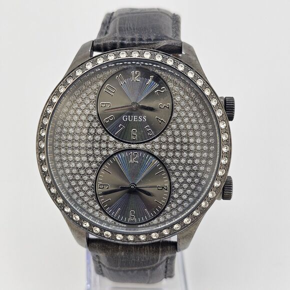 Guess Women Watch Dual Time 47MM Gray Leather Bands New Battery READ DESCRIPTION - Picture 1 of 14